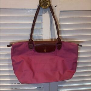 Longchamp Le Pliage Medium Pink Nylon Tote Brown Leather Foldable